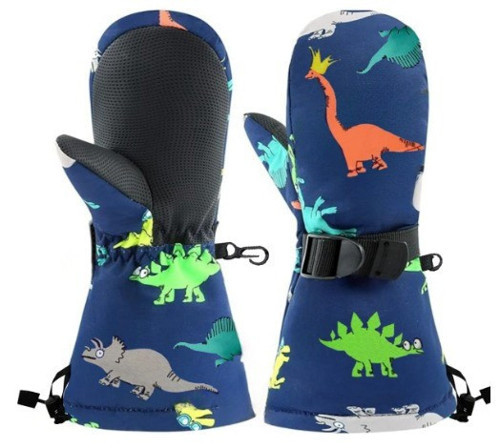 Su Geçirmez Erkek Çocuk İçi Kürklü Sıcacık Kayak Snowboard Eldiven Lacivert Üstü Renkli Dino 1-3 Yaş
