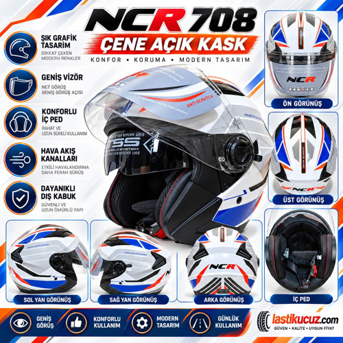 KASK ÇENESİZ 708 ECE 22/06 BELGELİ- BEYAZ MAVİ GRAFİK