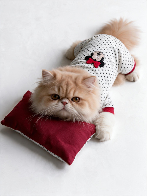 Polka Dot Rouge Minny Kedi Uyku Seti | Siyah Beyaz Puantiyeli Penye Kedi Tulumu ve Mini Yastık | 2 Parça