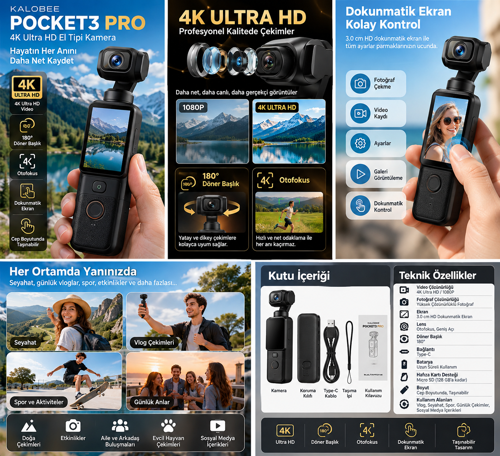 Kalobee Pocket3 Pro 4K Ultra HD El Tipi Kamera 180° Döner Başlıklı Otofokus Vlog Kamerası Dokunmatik Ekranlı Cep Kameras