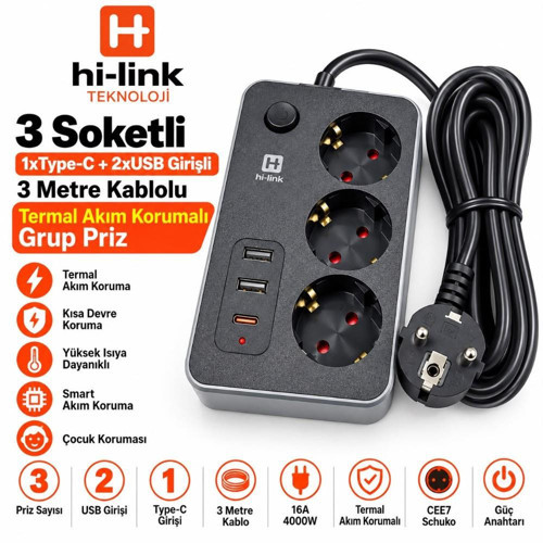 hi-link 3 Soketli 1xTypeC+2xUSB Girişli 3 Metre Kablolu Termal Akım Korumalı Grup Priz