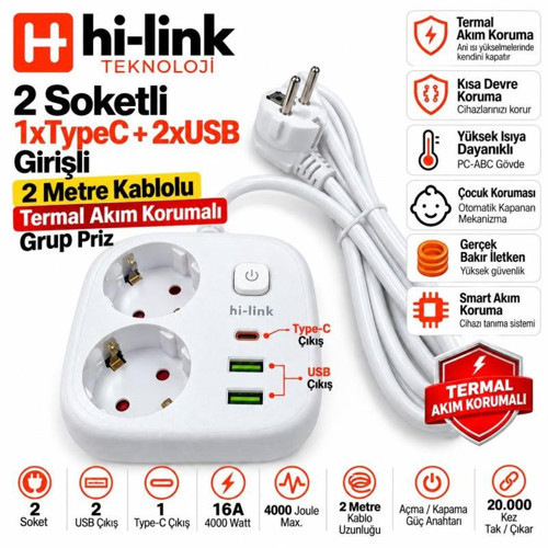 hi-link 2xSoketli 1xTypeC+2xUSB Girişli 2Metre Termal Akım Korumalı Grup Priz Beyaz