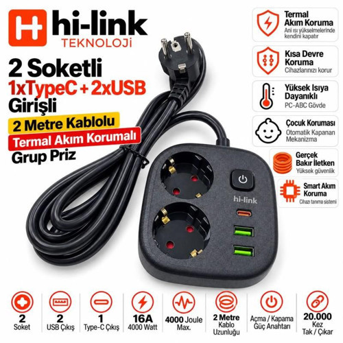 hi-link 2xSoketli 1xTypeC+2xUSB Girişli 2Metre Termal Akım Korumalı Grup Priz Siyah