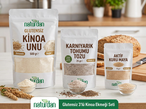 Glutensiz 3'lü Kinoa Ekmeği Seti | 500 Gr Beyaz Kinoa Unu + 25 Gr Karnıyarık Tohumu Tozu + 25 Gr Kur