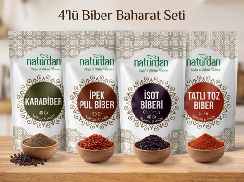 4'lü Biber Baharat Seti | Karabiber 40 Gr, İpek Pul Biber 50 Gr, İsot Biber 40 Gr, Tatlı Toz Biber 5