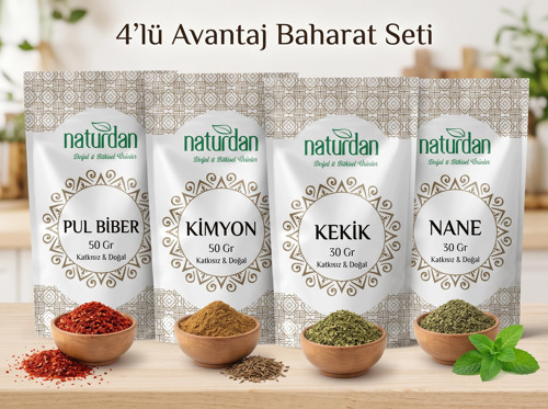 4’lü Avantaj Baharat Seti | 50 Gr Pul Biber, 50 Gr Kimyon 30 Gr Kekik, 30 Gr Nane