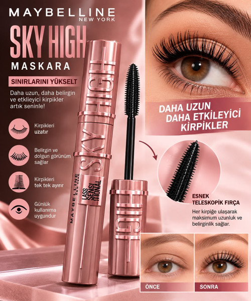 Maybelline New York Lash Sensational Sky High Maskara - Kirpiklerde Limitsiz Uzunluk ve Hacim etkisi