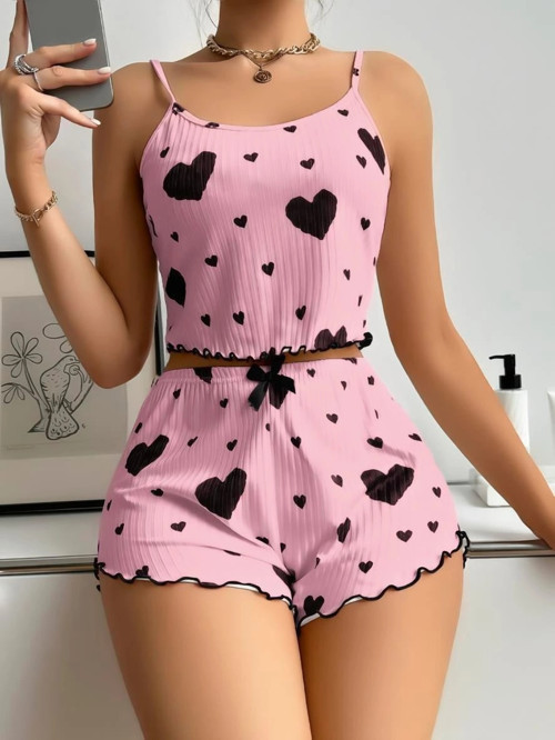 x Pamuklu Pembe Üstüne Siyah Kalp Desenli Askılı Fitilli Şortlu Pijama Takımı