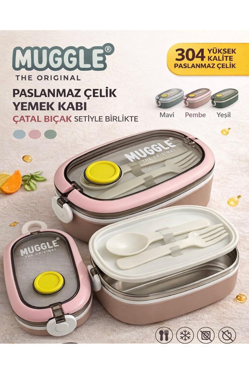 Paslanmaz Çelik Yemek Kabı 750 ml – Çatal Kaşık Setli, Çift Kilitli Tasarım- Pembe Renk