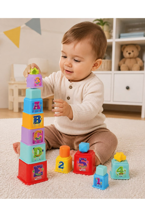 Dede Baby Kare Kule Bultak Oyuncağı 10 Parça Harf ve Rakam Eğitici Kule 12 Ay+