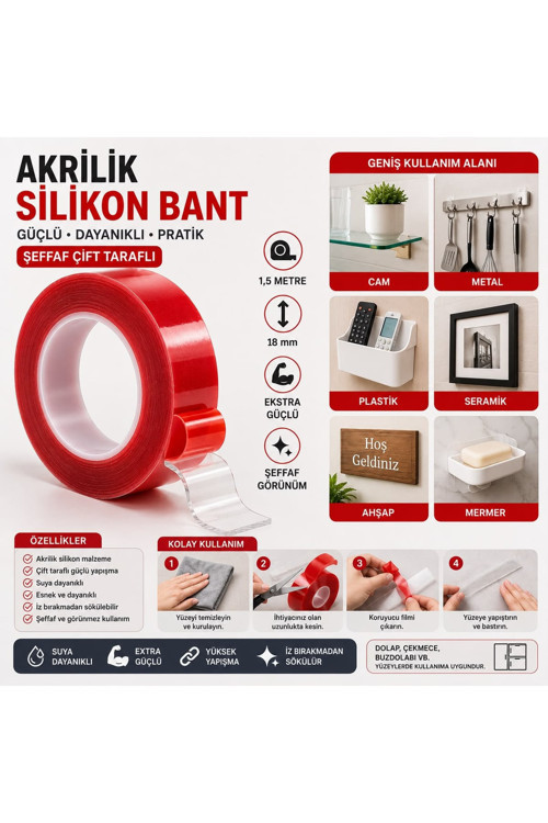 Şeffaf Çift Taraflı Akrilik Silikon Bant 1,5 Metre 18 mm Ekstra Güçlü 1 Adet