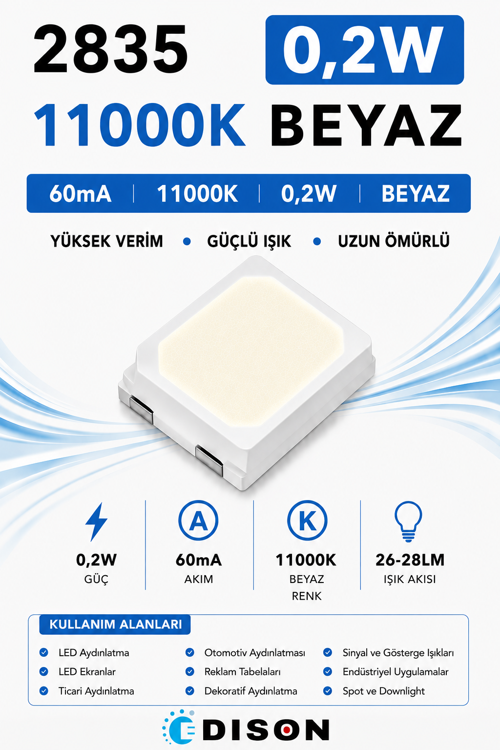 2835 0,2W 11000K BEYAZ 60mA 3V SMD LED EDISON 4000 adet