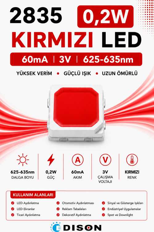 2835 Red LED Chip 3V 60mA | Kırmızı SMD LED EDISON 4000 adet