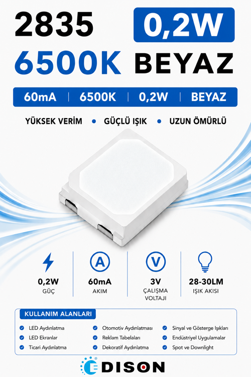 2835 0,2W 6500K BEYAZ 60mA 3V SMD LED EDISON 16000 adet