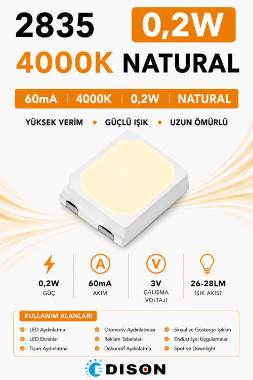 2835 0,2W 4000K NATURAL 60mA 3V SMD LED EDISON 4000 adet