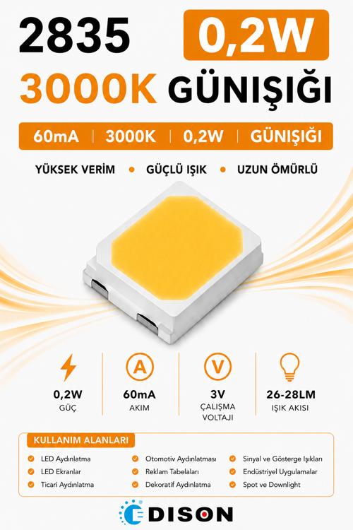 2835 0,2W 3000K GÜNIŞIĞI 60mA 3V SMD LED 16000 adet