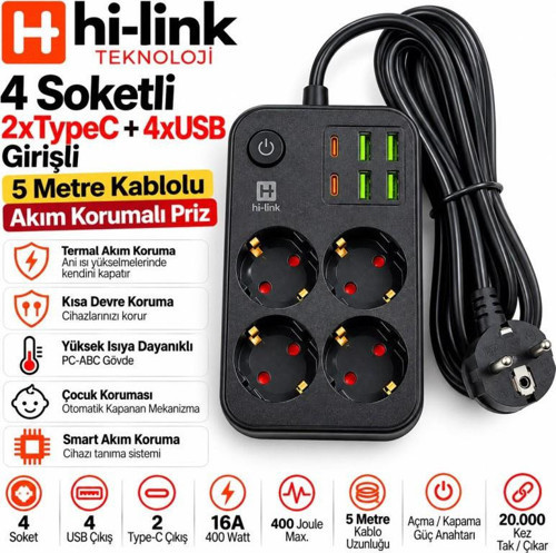 hi-link 4 Soketli 2xType-C +4xUSB Girişli 5 Metre Kablolu Akım Korumalı Priz