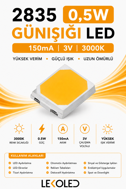 2835 0,5W 3000K GÜNIŞIĞI 150mA 3V SMD LED 24000 adet