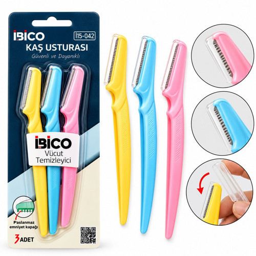 Eyebrovv Razeri İ15-042 Kaş Usturası 3 Adet Plastik Renkli Saplı - 12'li Paket