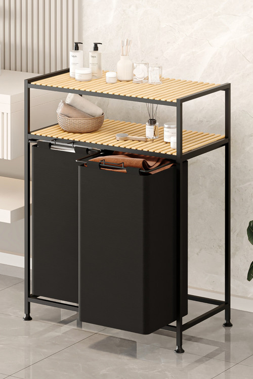 Kirli Sepeti Ahşap Raflı 2 Katlı 2 Bölmeli Kumaş Banyo Dolabı Düzenleyici Çamaşır Sepeti