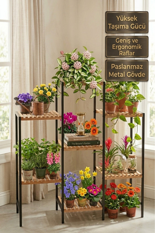 Çiçeklik 3Lüset Çok Amaçlı Metal Gövde Ahşap Raf 7Raf Bitki Standı Paslanmaz Balkon Salon Organizer