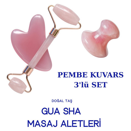 Pembe Kuvars Kalp- ve-Roller 3'lü Set Masaj Taşı | Doğal Yüz Şekillendirici & Cilt Canlandırıcı 3'lü