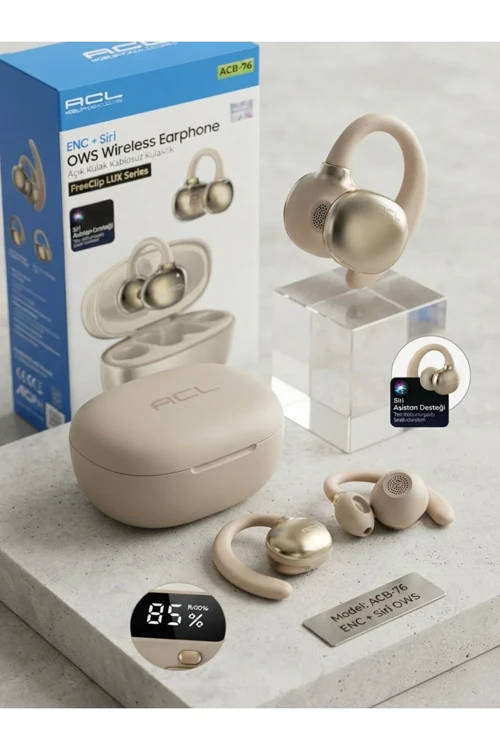 Aura Akse FreeClip LUX Series ENC + Siri Destekli Ows Açık Kulak LED Ekranlı Siyah Kablosuz Bluetooth Kulaklık