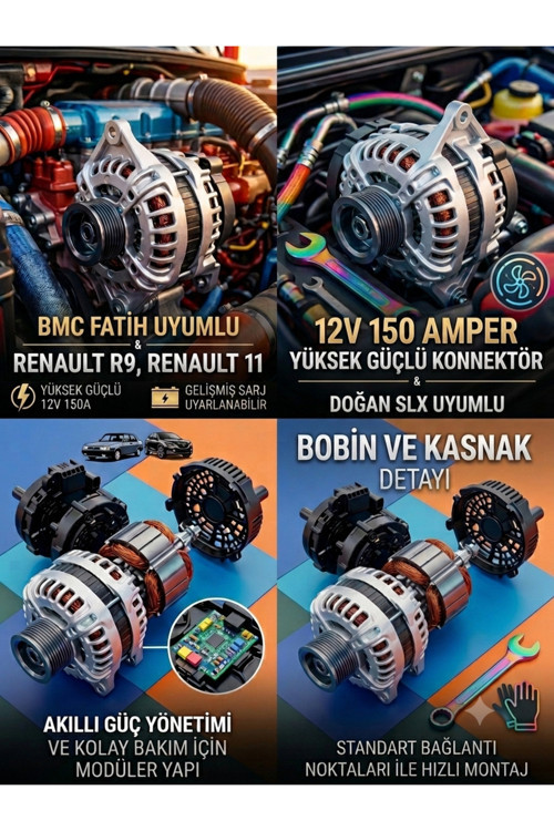 12V 150A Yüksek Güçlü Şarj Dinamosu - Doğan Slx, Şahin, R9/R11, Bmc Fatih Uyumlu (Klimalı Araçlar Için)