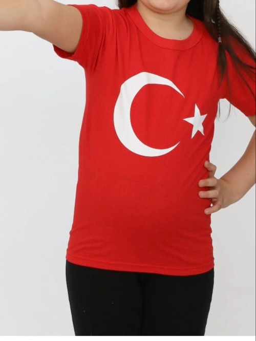 29 Ekim Cumhuriyet Bayramı Ay Yıldız Baskılı Kırmızı Beyaz Çocuk Tişörtü Türk Bayrağı Baskılı Kısa Kollu Bisiklet Yaka