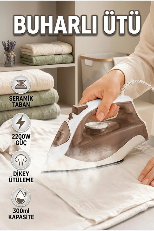 Kahverengi Buharlı Ütü 2200W Seramik Tabanlı Dikey Ütüleme 300 ml Su Hazneli