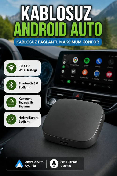 Android Auto Kablosuz Dönüştürücü Bluetooth 5.0 ve 5.8GHz WiFi Destekli Sesli Asistan Uyumlu