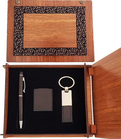 Ahşap Kutulu Siyah Kalem Anahtarlık ve Mat Çakmak