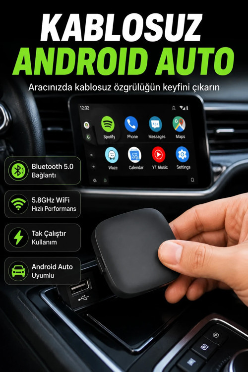 Android Auto Kablosuz Adaptör Bluetooth 5.0 5.8GHz WiFi Destekli USB Bağlantılı Yeni Nesil
