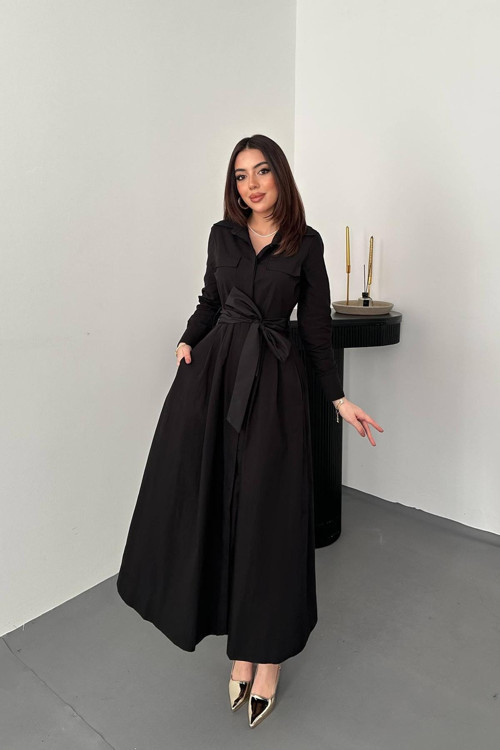 Siyah Düğmeli Poplin Elbise - SİYAH