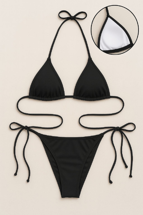 Moda Kadın Siyah Yandan Ve Boyundan Bağlamalı Bikini Mayo Takımı