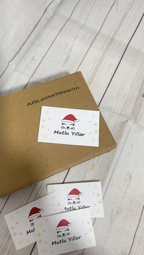 Mutlu Yıllar Yazılı Kedi Resimli Yeni Yıl Kartı 5 x 8 cm 100 Adet