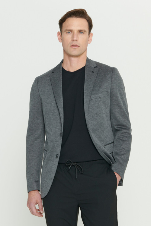 Erkek Antrasit 360 Her Yöne Esneyen Slim Fit Dar Kesim Mono Yaka Desenli Blazer Ceket