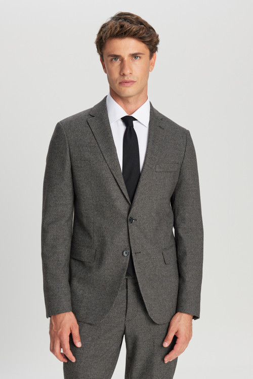 Erkek Kahve-Gri Slim Fit Dar Kesim Mono Yaka Kazayağı Desenli Kapak Cepli Esnek Takım Elbise