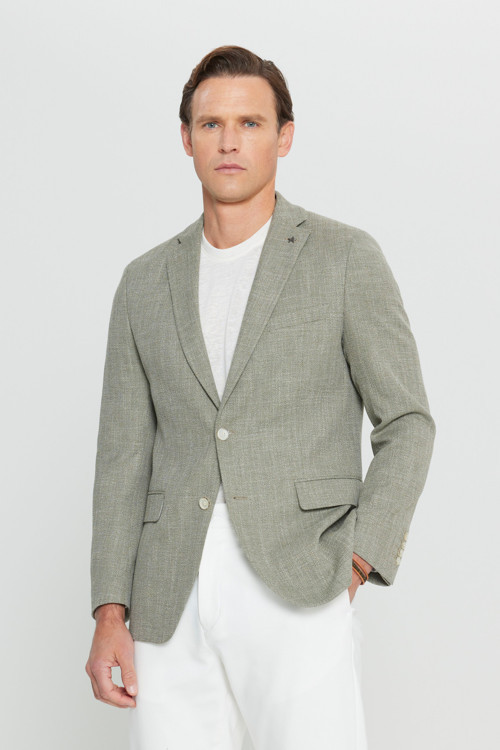 Erkek Haki Pamuklu Slim Fit Dar Kesim Mono Yaka Armürlü Kapak Cepli Blazer Ceket