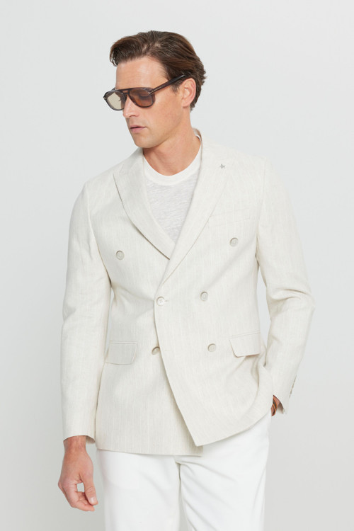 Erkek Bej Pamuklu Keten Slim Fit Dar Kesim Kırlangıç Yaka Çizgili Kruvaze Blazer Ceket