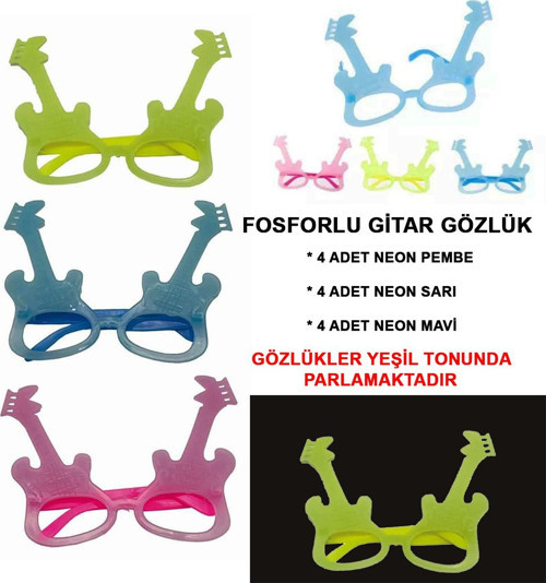 Fosforlu Gitar Model Glow Parti Gözlüğü Karanlıkta Yanan Gözlükler 12 Adet