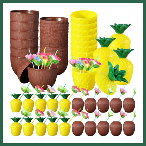 VINTESSY Tropikal Parti Bardak Seti ? Ananas ve Hindistan Cevizi Şekilli Pipetli Bardaklar (20 Adet) BZS01