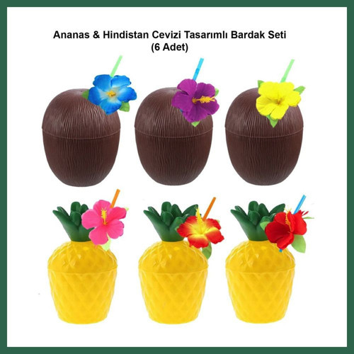 VINTESSY Ananas & Hindistan Cevizi Tasarımlı Pipetli Bardak Seti (6 Adet) BZS01