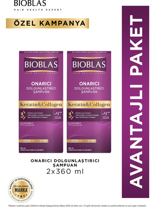 Keratin & Kolajen Onarıcı Dolgunlaştırıcı Saç Bakım Şampuanı 2 x 360 ml Ince ve Yıpranmış Saçlar