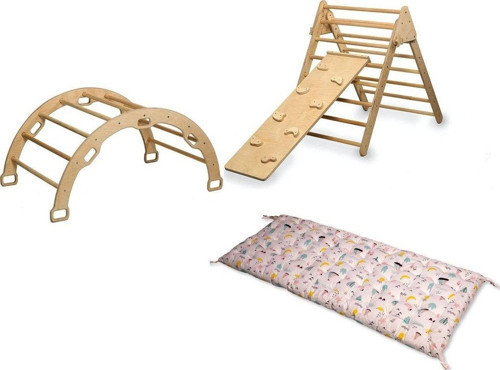 Pikler Tırmanma Seti Ve Yastık | Montessori 3'Lü Set | Kemer Üçgen Taşlı Rampa Flamingo Yastık