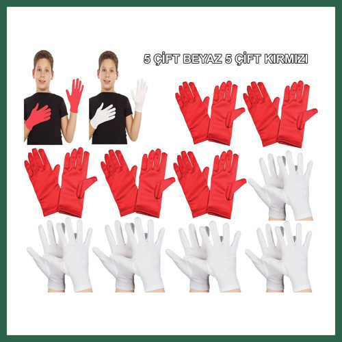VINTESSY Çocuk Gösteri Eldiven Seti ? 5 Çift Beyaz & 5 Çift Kırmızı BZS01