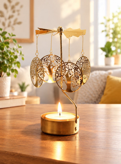 Altın Renk Dönen Hayat Ağacı Figürlü Mumluk – Isıyla Dönen Dekoratif Tealight Mumluk