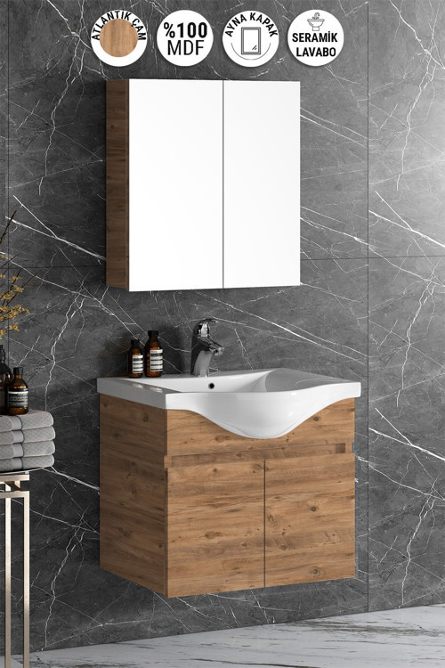 Yıldız 55 cm Atlantik Çam MDF Seramik Lavabolu Asma Banyo Dolabı Takımı