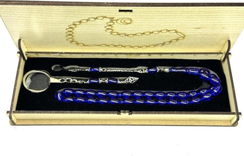 Ahşap Kutuda Anahtarlık Kombinli Kapsül Model Püsküllü 8-12mm Sıkma Ateş Kehribar Tesbih