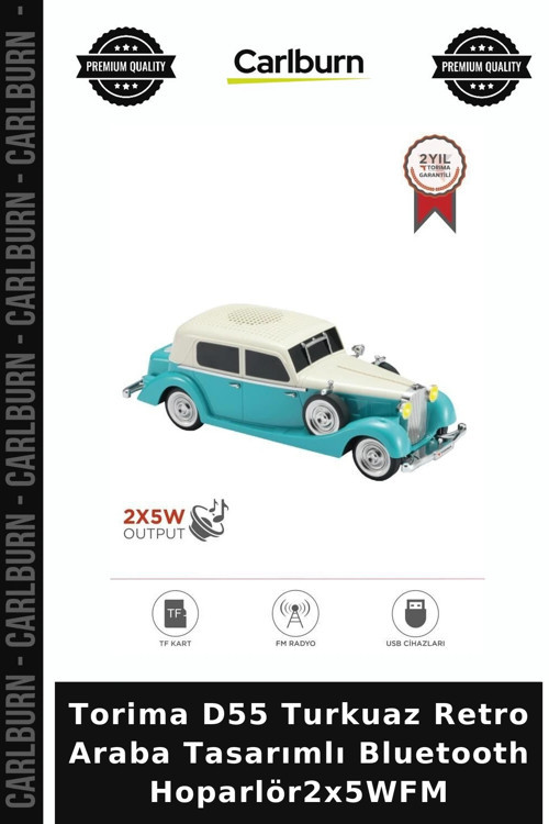 Torima D55 Turkuaz Retro Araba Tasarımlı Bluetooth Hoparlör2x5WFM Taşınabilir Ses Dekoratif Obje